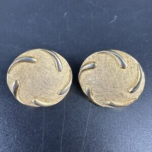 Vintage Crown Trifari Clip On Earrings Brushed Gold Tone Round